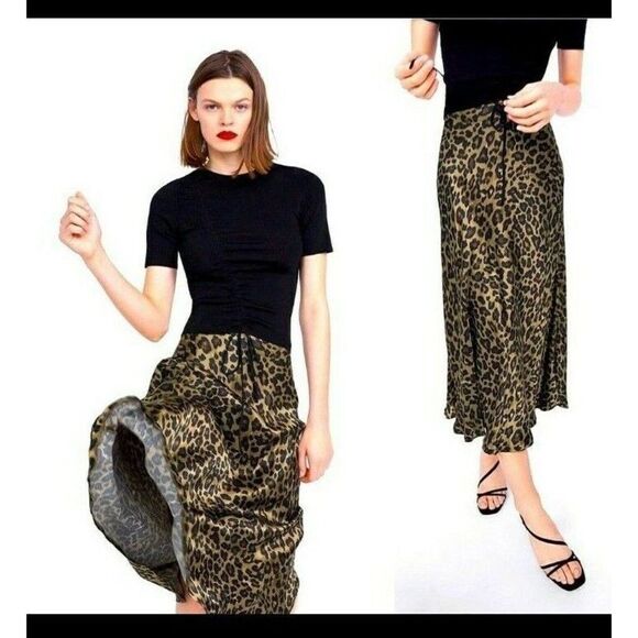 Zara Skirt Animal Print Green Brown Khaki Satin A-line Midi Skirt Size X-Small - Picture 2 of 8